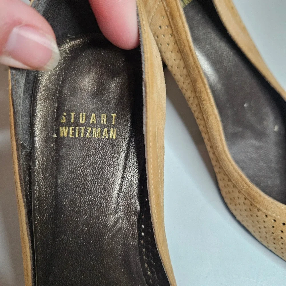 Stuart Weitzman‎ Tan Suede Perforated Peep Toe Pumps Heels Made Spain 6.5M
